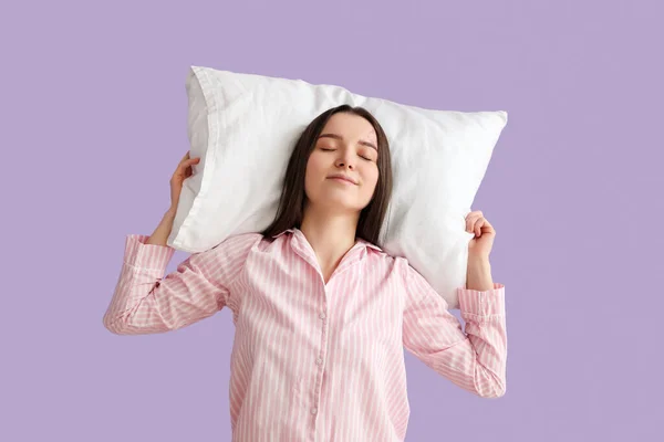Young Woman Soft Pillow Lilac Background — Stock Fotó