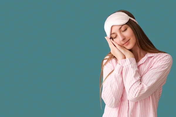 Young Woman Sleeping Mask Blue Background — Stock Photo, Image