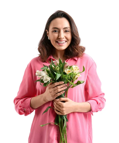 Young Woman Pink Shirt Alstroemeria Flowers White Background — Stockfoto