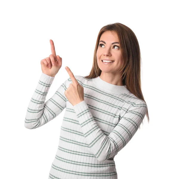 Beautiful Woman Striped Shirt Pointing Something White Background — Stock Photo, Image