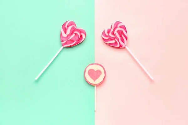 Heart Shaped Lollipops Turquoise Pink Background — Stock Photo, Image