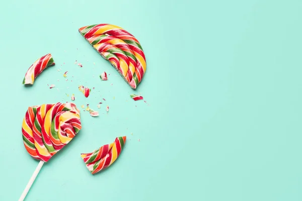 Crushed Colorful Lollipop Turquoise Background — Stock Photo, Image