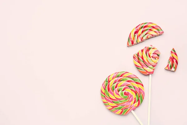 Whole Crushed Colorful Lollipops Pink Background — Stock Photo, Image