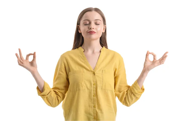 stock image Young woman meditating on white background. Balance concept