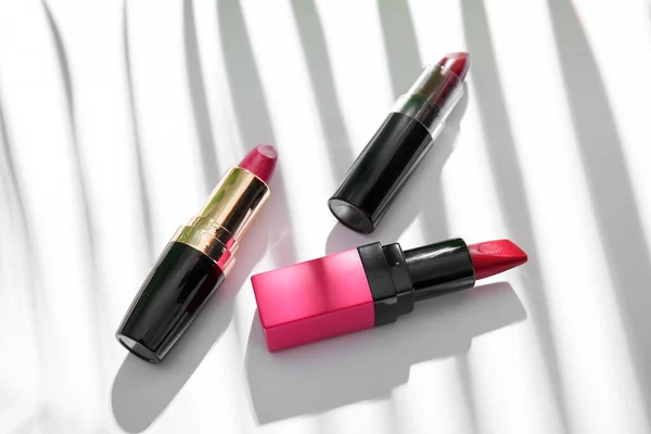 Set Beautiful Lipsticks Shadows Light Background — Stock Photo, Image