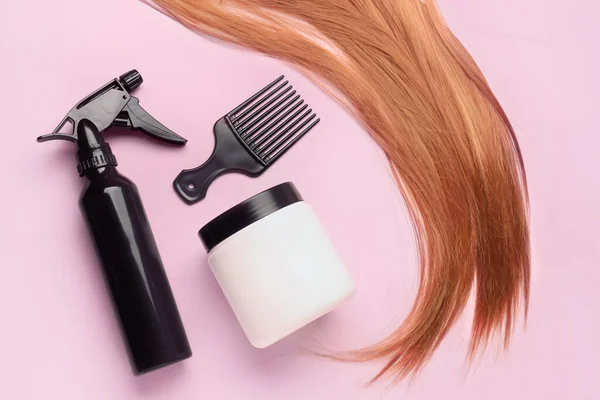 Ginger Hair Spray Brush Cream Pink Background — Stock Photo, Image