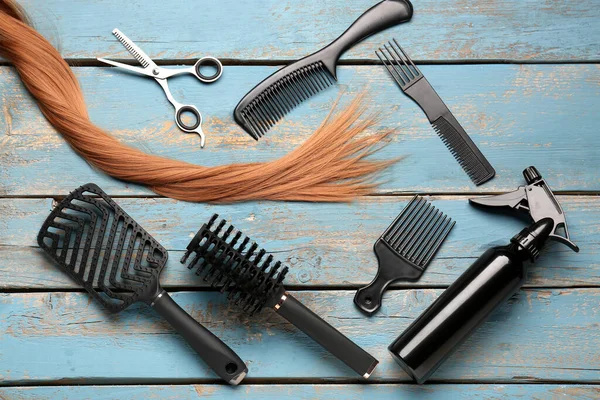 Ginger Hair Brushes Scissors Spray Blue Wooden Background — Stock Photo, Image