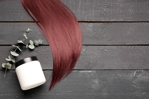 Red Brown Hair Jar Cream Eucalyptus Branch Dark Wooden Background — Stock Photo, Image