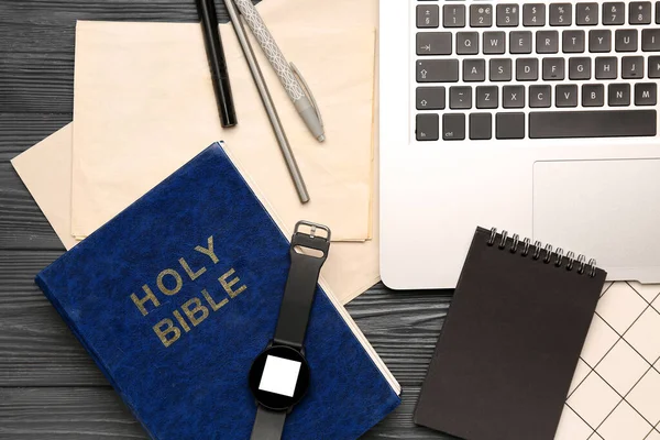 Holy Bible Smartwatch Paper Sheets Laptop Notebooks Dark Wooden Background — Stock Photo, Image