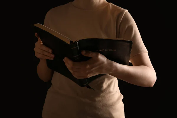 Woman Reading Holy Bible Black Background Closeup — Stock Fotó