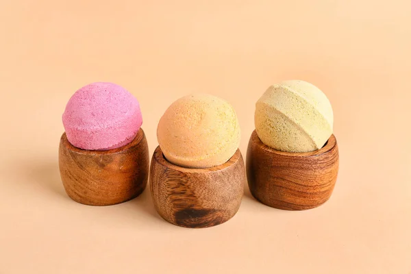 Wooden Stands Bath Bombs Beige Background — Stock Photo, Image