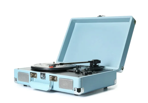 Record player with vinyl disk on white background