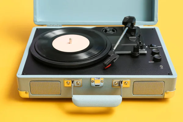 Record Player Vinyl Disk Yellow Background Closeup — Stock Photo, Image