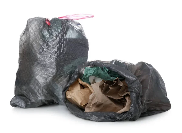 Kantung Sampah Dengan Sampah Berbeda Terisolasi Pada Latar Belakang Putih — Stok Foto