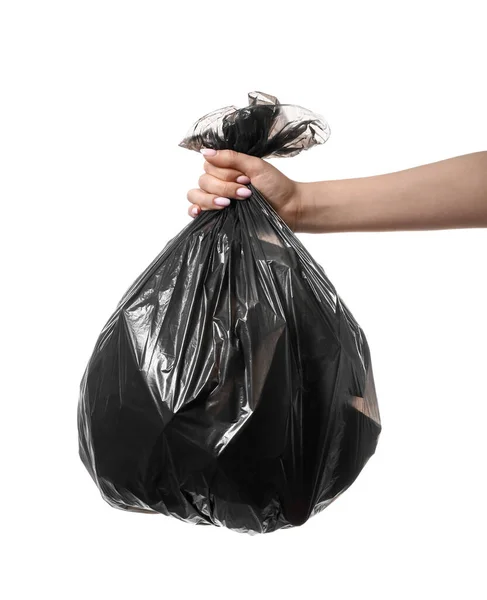 Female Hand Holding Full Garbage Bag Isolated White Background — Stock Photo, Image
