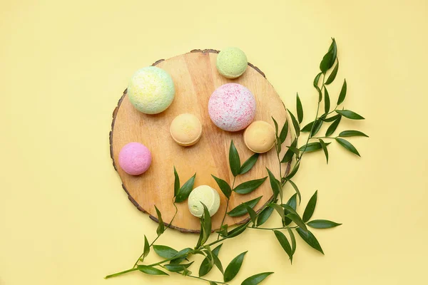 Wooden Stand Bath Bombs Plant Branches Beige Background — Stock Photo, Image