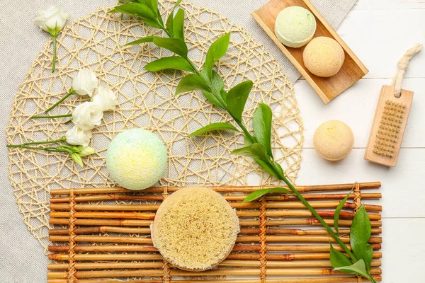 Bath Bombs Massage Brushes Plant Branch Roses Mats White Wooden — Stock Photo, Image