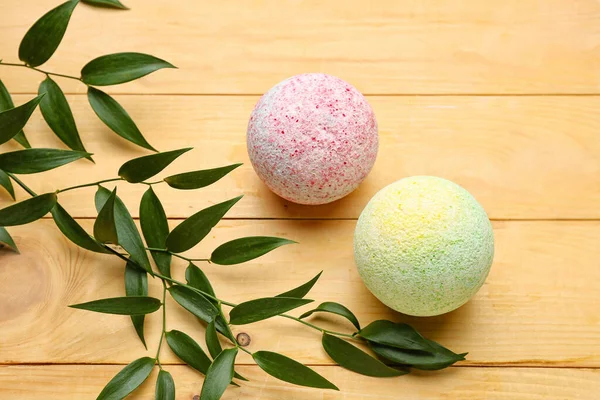 Bath Bombs Plant Branches Wooden Background — Stock Photo, Image