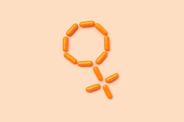 Symbol För Kvinna Gjord Med Hormonella Piller Beige Bakgrund — Stockfoto