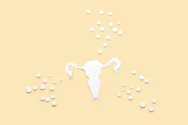 Paper uterus with hormonal pills on beige background