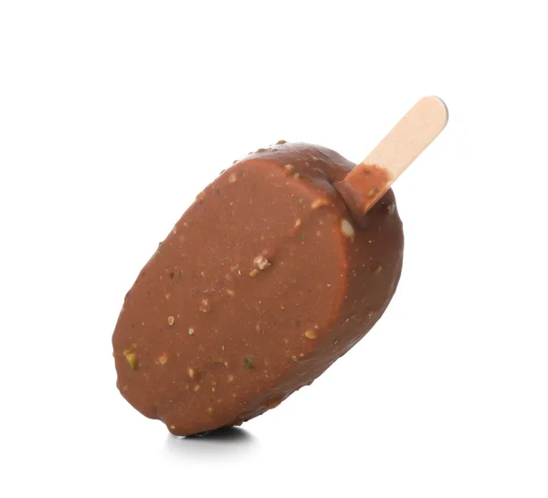Läcker Choklad Täckt Glass Pinne Mot Vit Bakgrund — Stockfoto