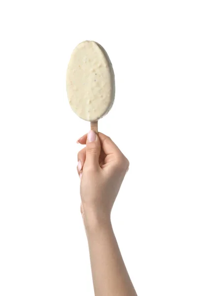 stock image Woman holding delicious chocolate covered ice cream on stick against white background