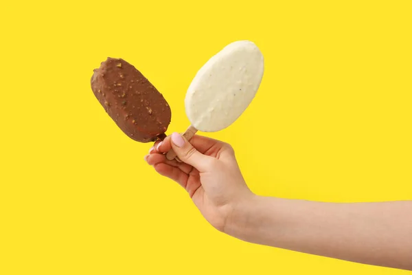 Woman Holding Different Chocolate Covered Ice Cream Stick Yellow Background — Stock Photo, Image
