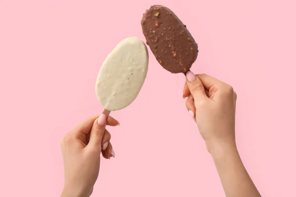 Woman Holding Delicious Chocolate Covered Ice Cream Stick Pink Background — Stock Photo, Image
