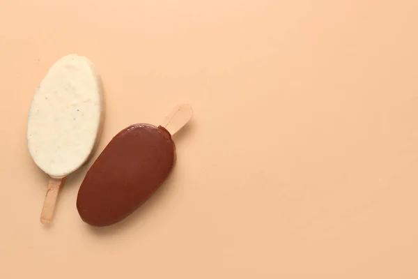 Different Chocolate Covered Ice Cream Stick Beige Background — Stock Photo, Image