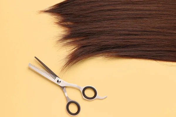 Hnědé Vlasy Nůžkami Žlutém Pozadí — Stock fotografie
