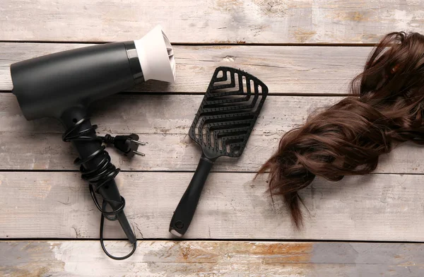 Brown Hair Brush Dryer Wooden Background — Stock Photo, Image