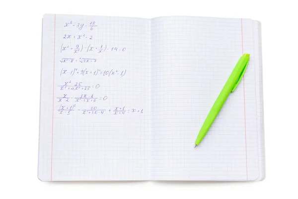 Copybook Med Matematiska Formler Och Penna Isolerad Vit Bakgrund — Stockfoto