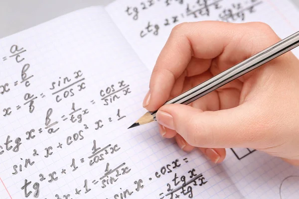 Woman Writing Maths Formulas Copybook Pencil Closeup — Stock Photo, Image