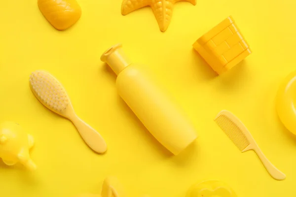 Sunscreen Cream Baby Beach Accessories Yellow Background — Stock Photo, Image