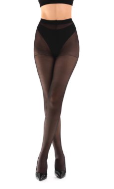 Beyaz arka planda siyah taytlı güzel kadın bacakları.