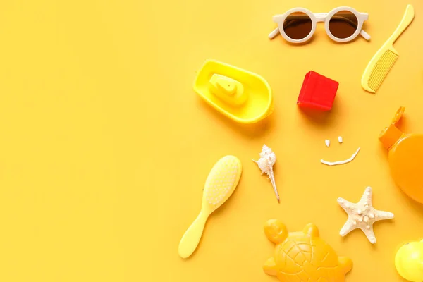 Smile Made Sunscreen Cream Baby Beach Accessories Yellow Background — Stock Photo, Image