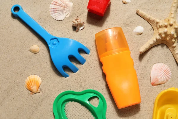 Sunscreen Cream Baby Beach Accessories Seashells Sand — Stock Photo, Image