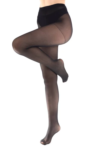 Nohy Krásné Ženy Černé Punčocháče Bílém Pozadí — Stock fotografie