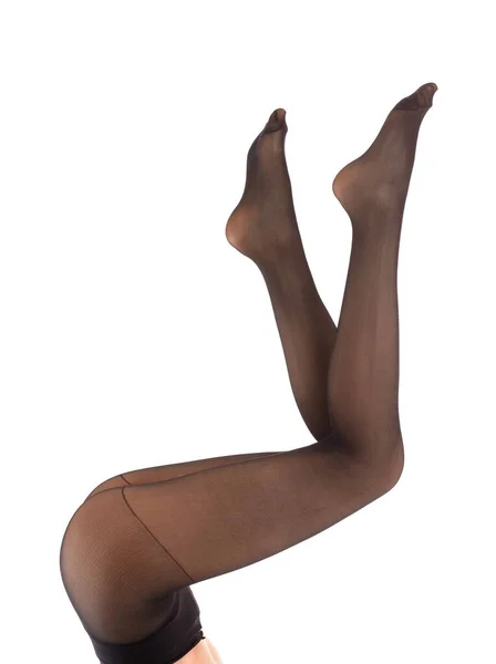 Ноги Красивої Жінки Чорних Колготках Білому Тлі — стокове фото