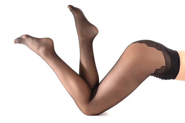 Nohy Krásné Ženy Černé Punčocháče Bílém Pozadí — Stock fotografie