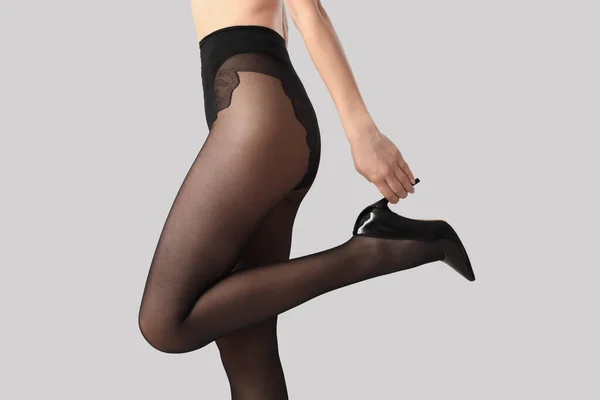 Legs Beautiful Woman Black Tights Light Background — Stock Photo, Image