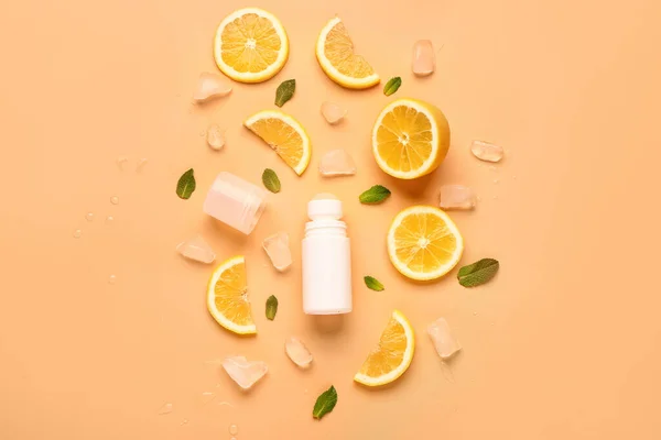 Deodorant Lemon Slices Ice Mint Orange Background — Stock Photo, Image
