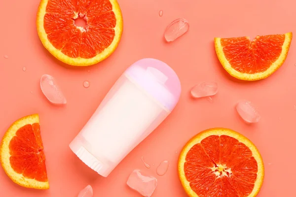 Deodorant Grapefruit Slices Ice Orange Background — Stock Photo, Image