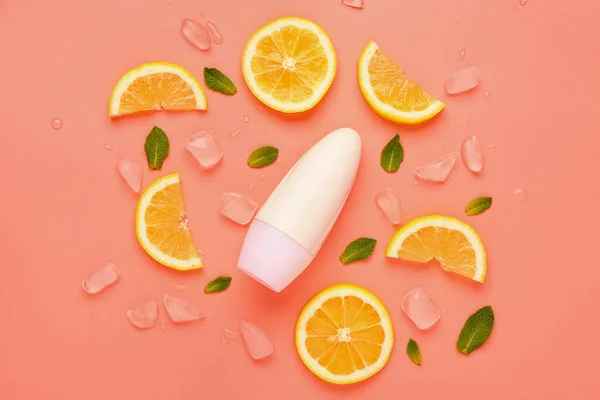 Deodorant Orange Slices Mint Ice Color Background — Stock Photo, Image