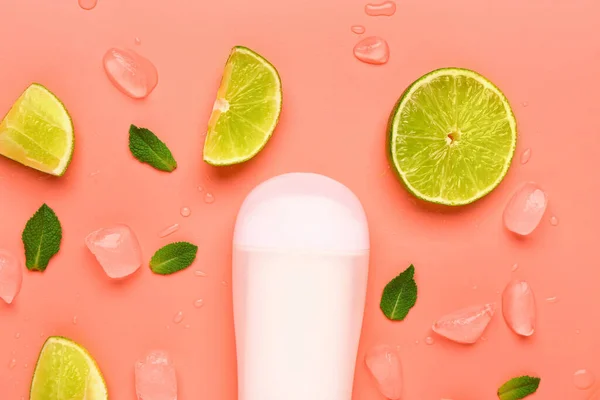 Deodorant Lime Slices Mint Ice Orange Background — Stock Photo, Image