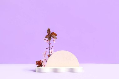 Eflatun arka planda dekoratif podyumlar ve çiçek açan şubeler