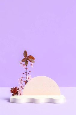 Eflatun arka planda dekoratif podyumlar ve çiçek açan şubeler