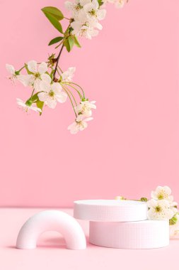 Pembe arka planda dekoratif podyumlar ve çiçek açan dallar