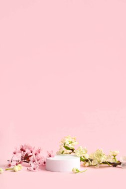 Dekoratif podyum ve pembe arka planda çiçek açan dallar