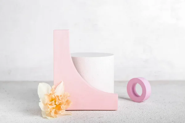 Decorative Plaster Podiums Flowers Grunge Table White Background — Stock Photo, Image